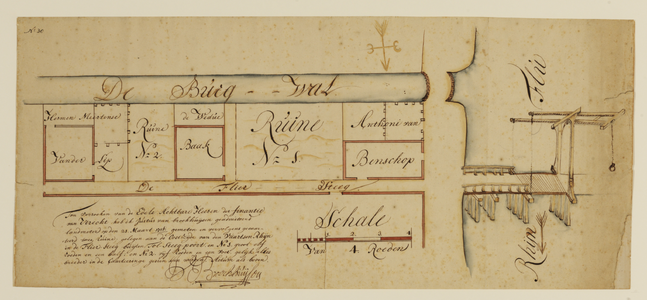 216249 Kaart van het terrein tussen de Burgwal en de Fliersteeg ten oosten van de Vaartsche Rijn te Utrecht; met ...